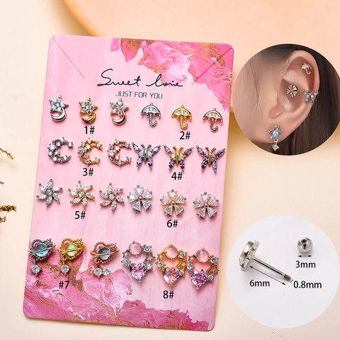 Edelstahl Zirkonia Helix Knorpel Ohrstecker Mond Stern Schmetterling Regenschirm Kugel Schraubverschluss Piercing Damen