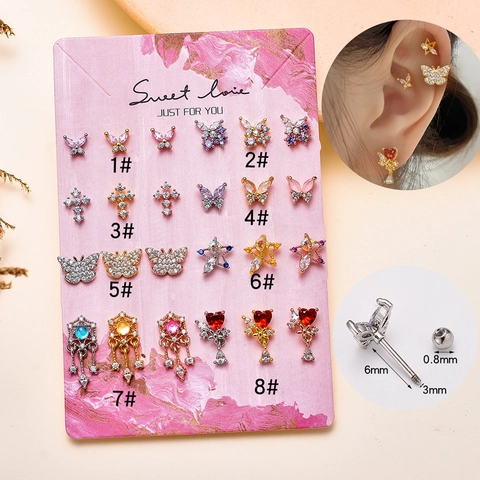 Stainless Steel Butterfly Star Heart Cross Zircon Ear Cartilage Stud Earrings Minimalist Conch Tragus Piercing Jewelry For Women
