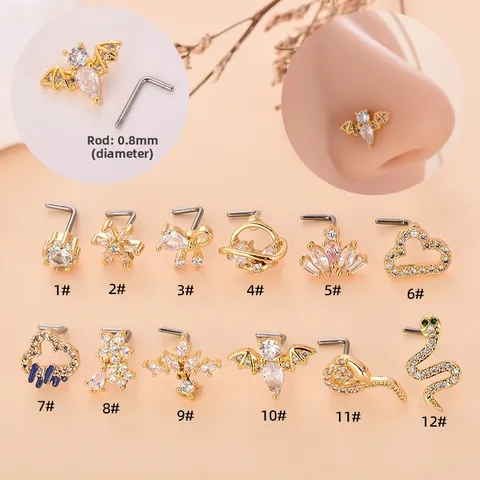 Mode Edelstahl L-Nasenstecker Für Damen Trendy Herz Schlange Fledermaus Form Strass Piercing Körperschmuck