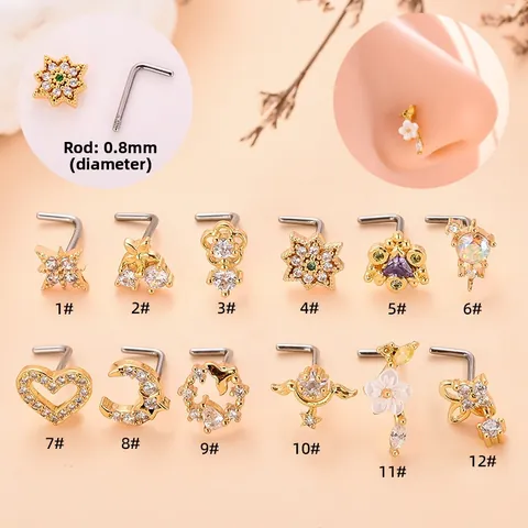 L-Nasenstecker Edelstahl Zirkonia Nasenring Herz Mond Stern Piercing Modeschmuck Damen Accessoires