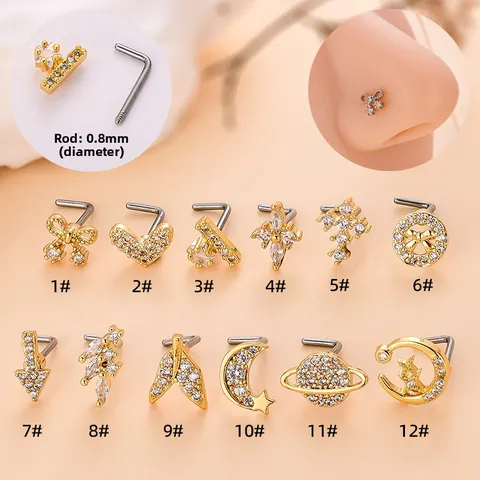 Nasenstecker Set Edelstahl Zirkonia L-Form Herz Mond Schmetterling Saturn Piercing Schmuck Für Damen Mode Nasenring