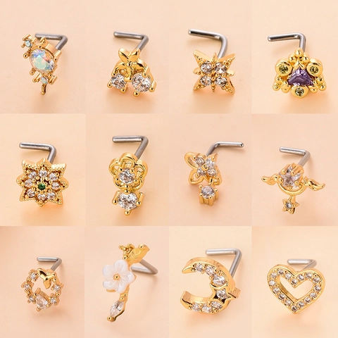 L-Nasenstecker Edelstahl Zirkonia Nasenring Herz Mond Stern Piercing Modeschmuck Damen Accessoires