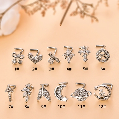 Nasenstecker Set Edelstahl Zirkonia L-Form Herz Mond Schmetterling Saturn Piercing Schmuck Für Damen Mode Nasenring
