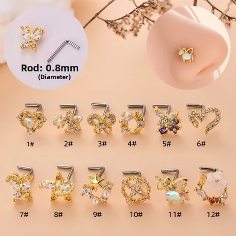 Edelstahl L-Förmige Nasenstecker Für Damen Gold Silber Plattiert Herz Schmetterling Inkrustiert Strass Künstliche Perle Schmuck