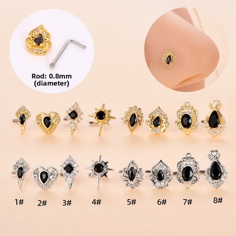 Edelstahl Kupfer Zirkonia Nasenstecker L-Form Herz Stern Vintage Schwarzer Stein Körperpiercing Schmuck Für Damen Herren