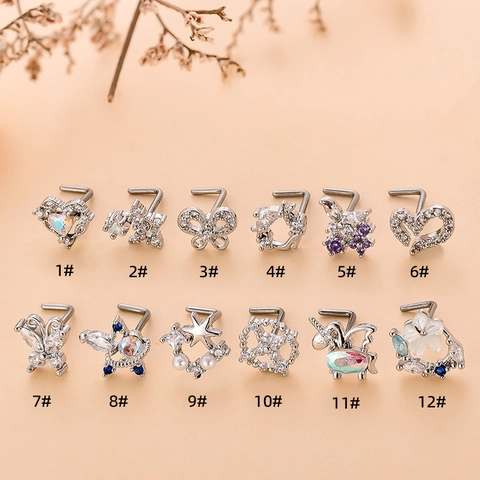 Edelstahl L-Förmige Nasenstecker Für Damen Gold Silber Plattiert Herz Schmetterling Inkrustiert Strass Künstliche Perle Schmuck