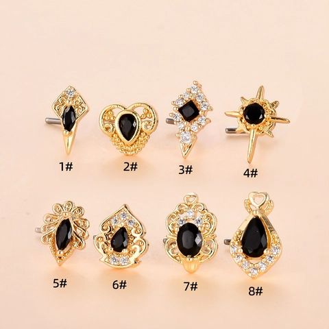 Edelstahl Kupfer Zirkonia Nasenstecker L-Form Herz Stern Vintage Schwarzer Stein Körperpiercing Schmuck Für Damen Herren