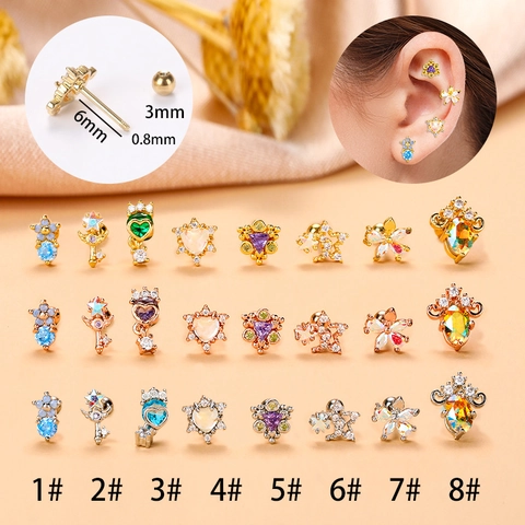 Edelstahl Zirkonia Ohrknorpelstecker Für Damen Stern Mond Herz Blume Schlüssel Schraubverschluss Piercing Schmuck