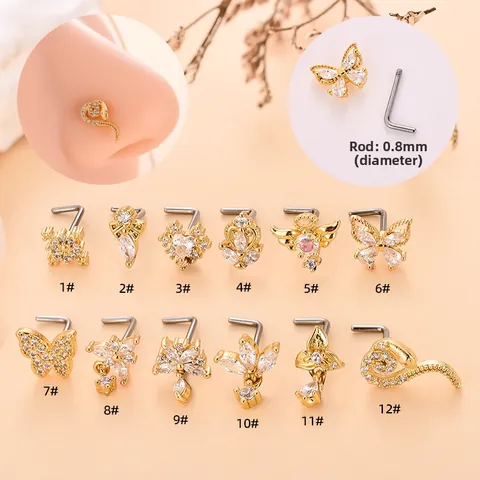 Edelstahl L-Form Nasenstecker Für Damen Schmetterling Herz Schlange Design Zirkonia Eingelegt Individual Körper Piercing Schmuck