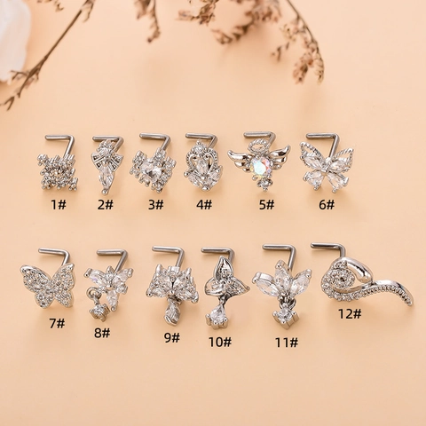 Edelstahl L-Form Nasenstecker Für Damen Schmetterling Herz Schlange Design Zirkonia Eingelegt Individual Körper Piercing Schmuck