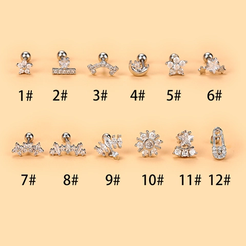 Stainless Steel Flower Zirconia Ear Cartilage Stud Earrings Geometric Star Moon Screw Ball Conch Piercing Jewelry For Women