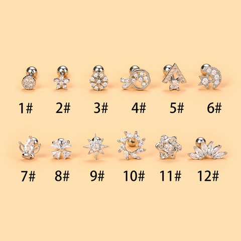 Edelstahl Kupfer Zirkonia Krone Stern Mond Knorpel Ohrstecker Für Damen Piercing Schmuck Kugelverschluss Schraubstecker