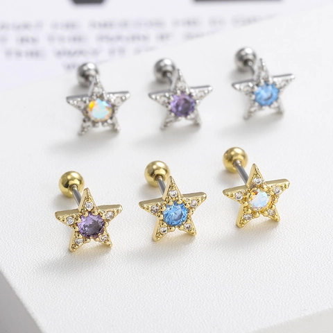Edelstahl Stern Ohrknorpelstecker Für Damen Mit Zirkonia Lila AB Blau Farbe Schraubkugel-Rückseite Mode Körperschmuck