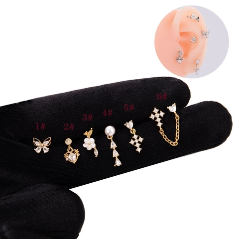Edelstahl Knorpel Ohrstecker Kupfer Zirkonia Schmetterling Kreuz Herz Blume Kunstperle Helix Piercing Schmuck Für Damen