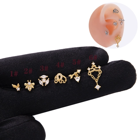 Edelstahl Kupfer Zirkonia Ohrknorpel-Stecker Biene Elefant Herz Krone Schraub-Flachrücken Piercing Schmuck Für Damen