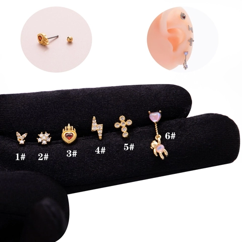 Stainless Steel Zirconia Butterfly Heart Cross Lightning Ear Cartilage Stud Earrings For Women Screw Back Helix Conch Jewelry