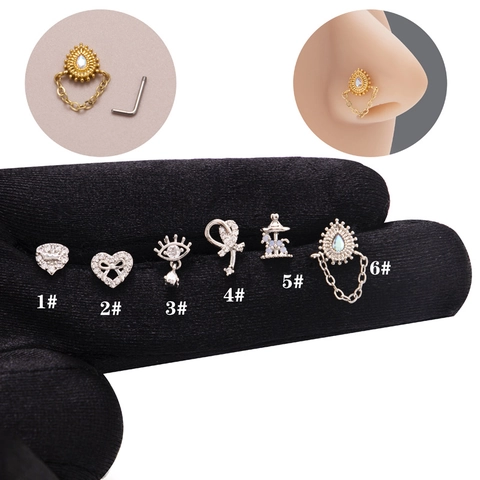 18K Vergoldet Edelstahl Zirkonia Nasenstecker L-Förmig Piercingschmuck Herz Krone Böser Blick Böhmische Kette Nasenring Unisex