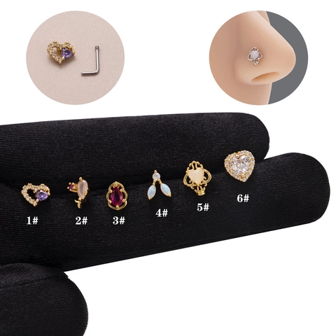 Edelstahl Herz Zirkonia Nasenstecker Für Damen Herren Exotisch L-Form Kupfer Eingelegt Farbiger Zirkon Körper Piercing Schmuck