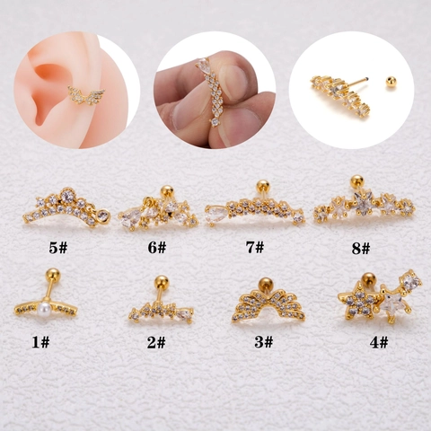 Edelstahl Stift Kupfer Zirkonia Knorpel Piercing Ohrringe Für Damen Flügel Stern Mond Design Schraubkugel-Ohrstecker Schmuck