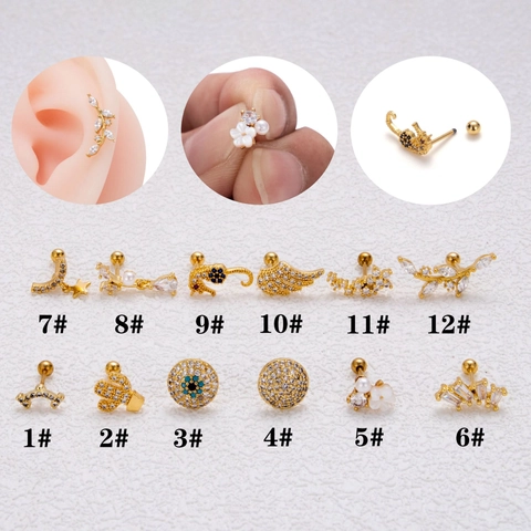 Edelstahl Kupfer Zirkonia Knorpel Ohrstecker Für Damen 20G Helix Piercing Schmuck Seepferdchen Böser Blick Flügel Blatt Mond Stern Stecker
