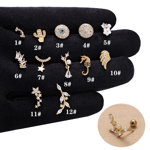 Edelstahl Kupfer Zirkonia Knorpel Ohrstecker Für Damen 20G Helix Piercing Schmuck Seepferdchen Böser Blick Flügel Blatt Mond Stern Stecker