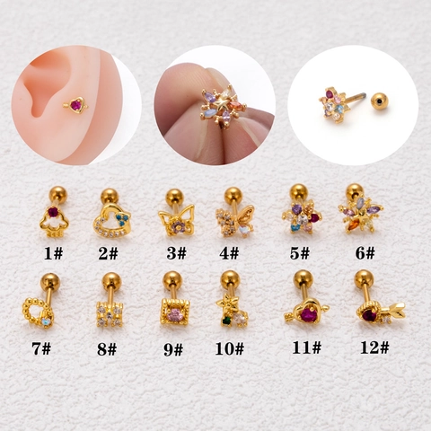 Koreanische Mode Edelstahl Kupfer Zirkonia Herz Schmetterling Stern Ohrknorpel Piercing Ohrstecker Gold Silber Galvanisiert Schraubkugel Piercing Schmuck Damen