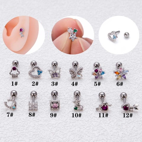 Koreanische Mode Edelstahl Kupfer Zirkonia Herz Schmetterling Stern Ohrknorpel Piercing Ohrstecker Gold Silber Galvanisiert Schraubkugel Piercing Schmuck Damen