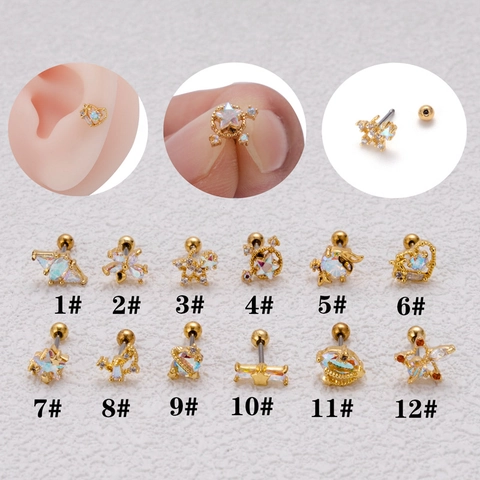 Stainless Steel Copper Zirconia Ear Cartilage Stud Helix Tragus Conch Piercing Jewelry Gold Silver Star Moon Earrings