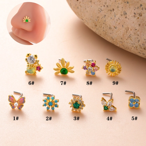 Piercings de Nariz en Forma de L de Acero Inoxidable Cobre con Zirconia Incrustada Diseño Mariposa Flor Oso Joyería de Piercing para Mujer