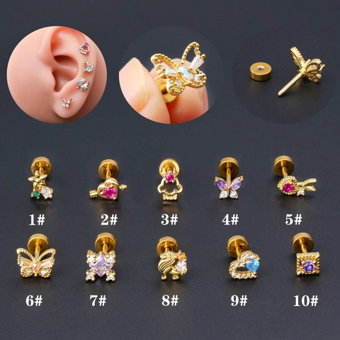 Edelstahl Kupfer Zirkonia Knorpelstecker Für Damen Buntes Herz Schmetterling Flache Rückseite Schraube Piercing Schmuck