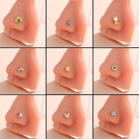 Piercings de Nariz en Forma de L de Acero Inoxidable Cobre con Zirconia Incrustada Diseño Mariposa Flor Oso Joyería de Piercing para Mujer
