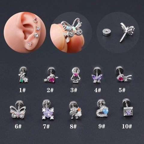 Edelstahl Kupfer Zirkonia Knorpelstecker Für Damen Buntes Herz Schmetterling Flache Rückseite Schraube Piercing Schmuck