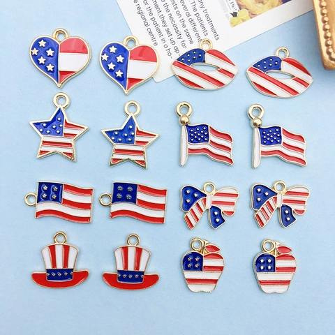 Alloy Enamel American Flag Pendants Mixed Set Heart Star Flag Bow Hat Apple Lips Shape DIY Jewelry Making Findings