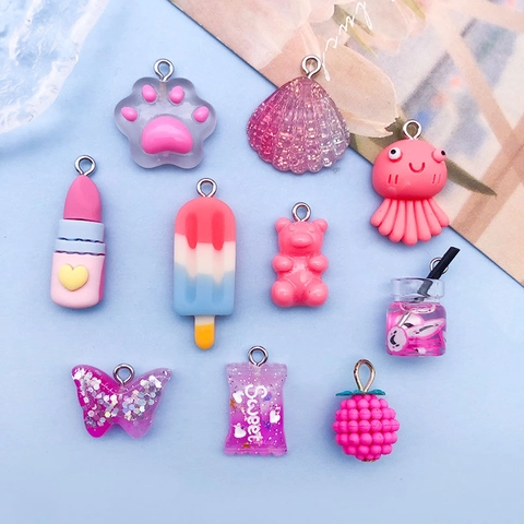 Cute Cartoon Resin Pendants Charms Set Magenta Pink Cat Paw Bear Lipstick Candy DIY Jewelry Making Accessories Material