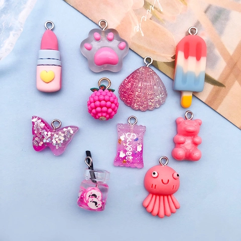 Cute Cartoon Resin Pendants Charms Set Magenta Pink Cat Paw Bear Lipstick Candy DIY Jewelry Making Accessories Material