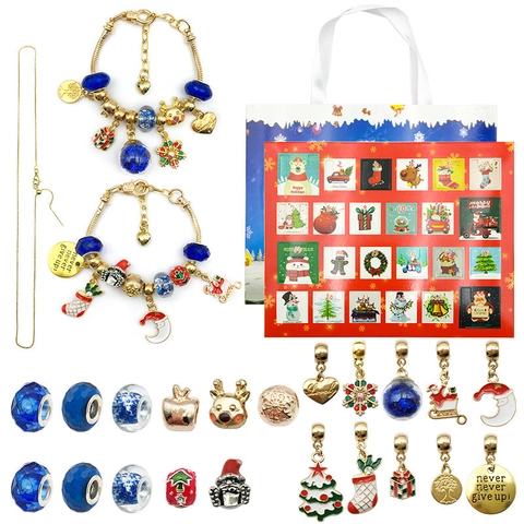 Christmas Advent Calendar Blind Box DIY Jewelry Gift Set For Kids Countdown Charm Bracelet Kit Alloy Rhinestone Snowflake Pendants With Gift Bag