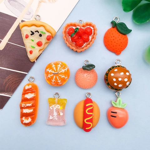 Simulation Food Resin Pendants Orange Series Burger Pizza Fruit Charms Handmade DIY Jewelry Making Accessories Miniature Food Hangings