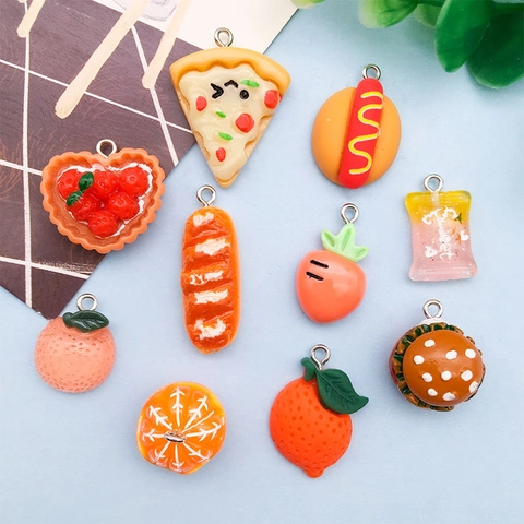 Simulation Food Resin Pendants Orange Series Burger Pizza Fruit Charms Handmade DIY Jewelry Making Accessories Miniature Food Hangings