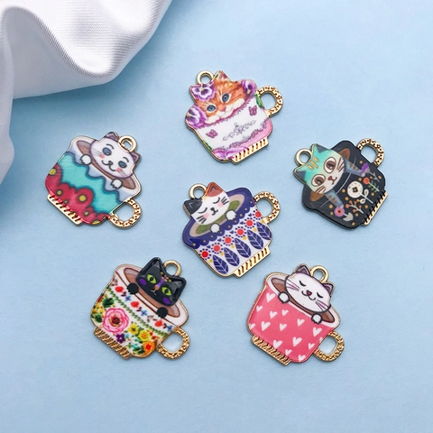 Cartoon Cat Tea Cup Pendants Alloy Enamel Drip Oil Charms For DIY Necklace Bracelet Keychain Jewelry Making Accessories
