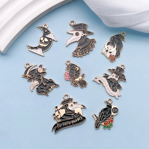 Gothic Plague Doctor Alloy Enamel Charms For Halloween DIY Jewelry Making Skull Crow Moon Pendant Bracelet Necklace Accessories