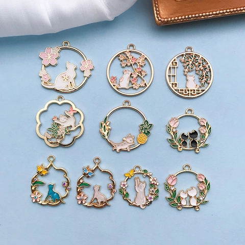 Legering Emaille Cartoon Kat Bloem Slinger Charms Hangers Voor DIY Sieraden Maken Armband Ketting Tas Accessoires Decoratieve Onderdelen