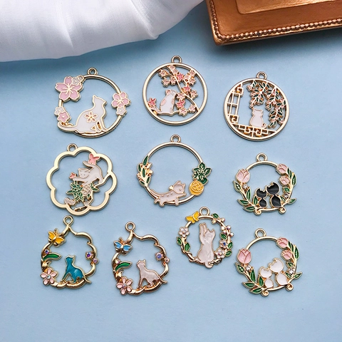 Legering Emaille Cartoon Kat Bloem Slinger Charms Hangers Voor DIY Sieraden Maken Armband Ketting Tas Accessoires Decoratieve Onderdelen