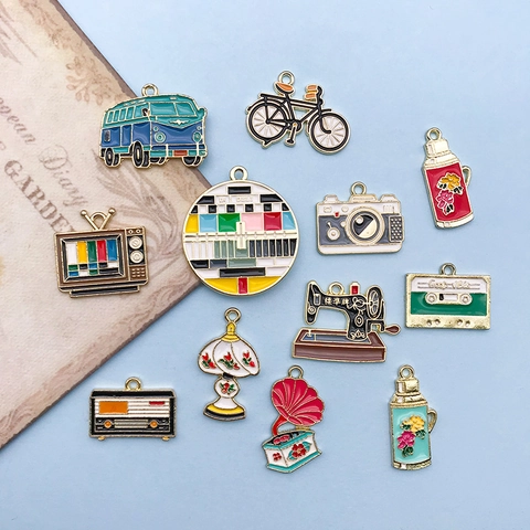 Vintage Zinc Alloy Enamel Pendants Nostalgic Daily Objects Camera Television Sewing Machine Shapes DIY Jewelry Making Charms