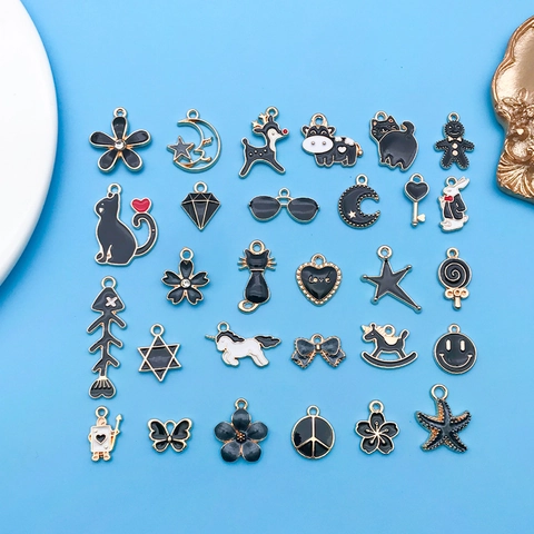 Colgantes de Dibujos Animados de Aleación de Esmalte Mixtos Negro Oro Aceite de Goteo Animal Corazón Estrella Luna Dijes Para Fabricación de Joyas DIY Pulsera Collar Accesorios