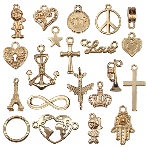 Mixed Alloy Gold Plated DIY Charms For Jewelry Making Heart Cross Eiffel Tower Anchor Infinity Crown Fatima Hand Charms Pendants