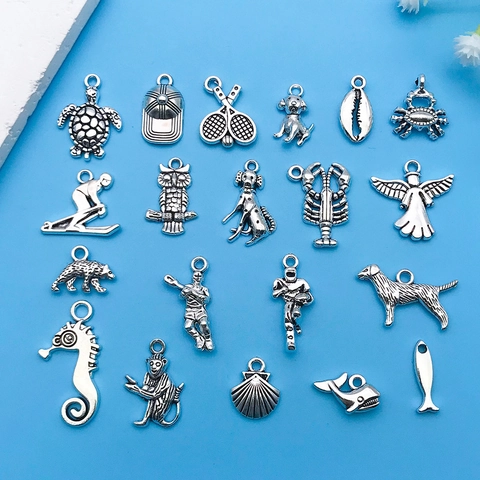 Retro Antique Silver Zinc Alloy Charms For DIY Jewelry Making Animal Sea Life Sports Pattern Pendants Accessories For Bracelet Necklace Handcraft
