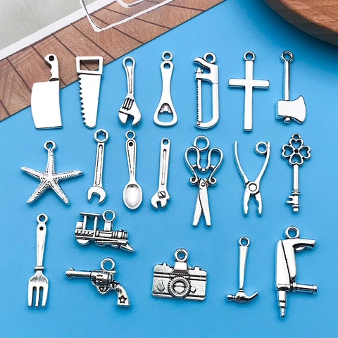 Vintage Alloy Tool Pendant Charms For DIY Jewelry Making Antique Silver Wrench Hammer Scissor Key Charms For Necklace