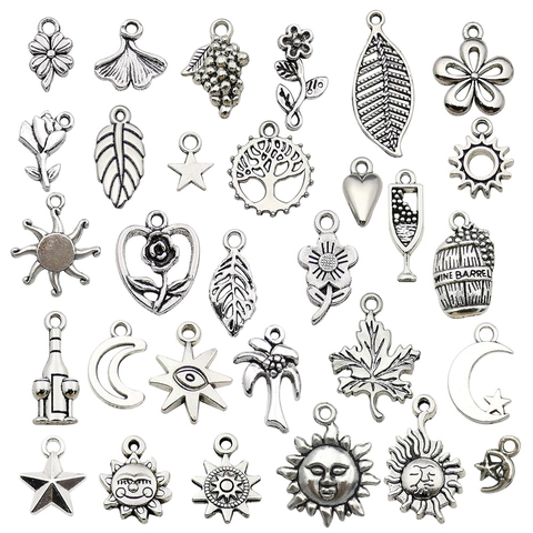 Pendentifs Vintage en Alliage d'Argent Antique Fleurs Feuilles Soleil Lune Étoiles Coeur Charms pour Fabrication Bijoux DIY Colliers Boucles d'Oreilles