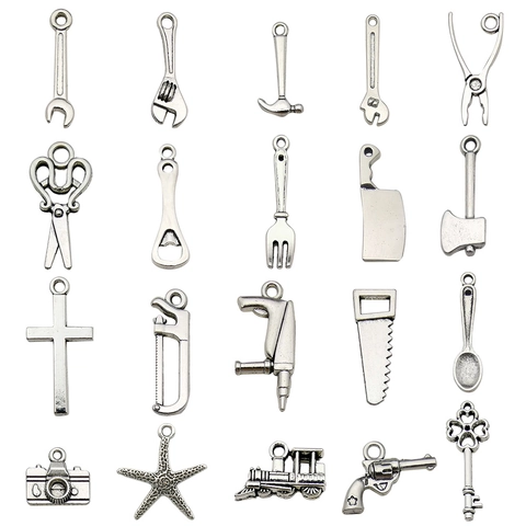 Vintage Alloy Tool Pendant Charms For DIY Jewelry Making Antique Silver Wrench Hammer Scissor Key Charms For Necklace