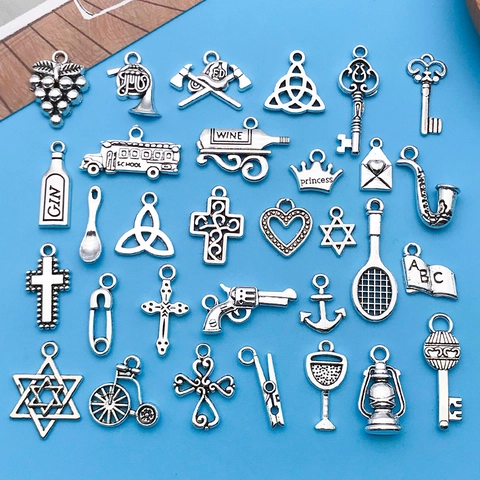 Vintage Antique Silver Zinc Alloy Charms Pendants For DIY Jewelry Making Bracelet Necklace Mixed Key Heart Cross Shapes
